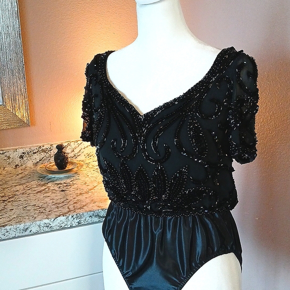 A.J. Bari Tops - Vintage Black Silk Beaded Bodysuit size 6 by A.J.Bari